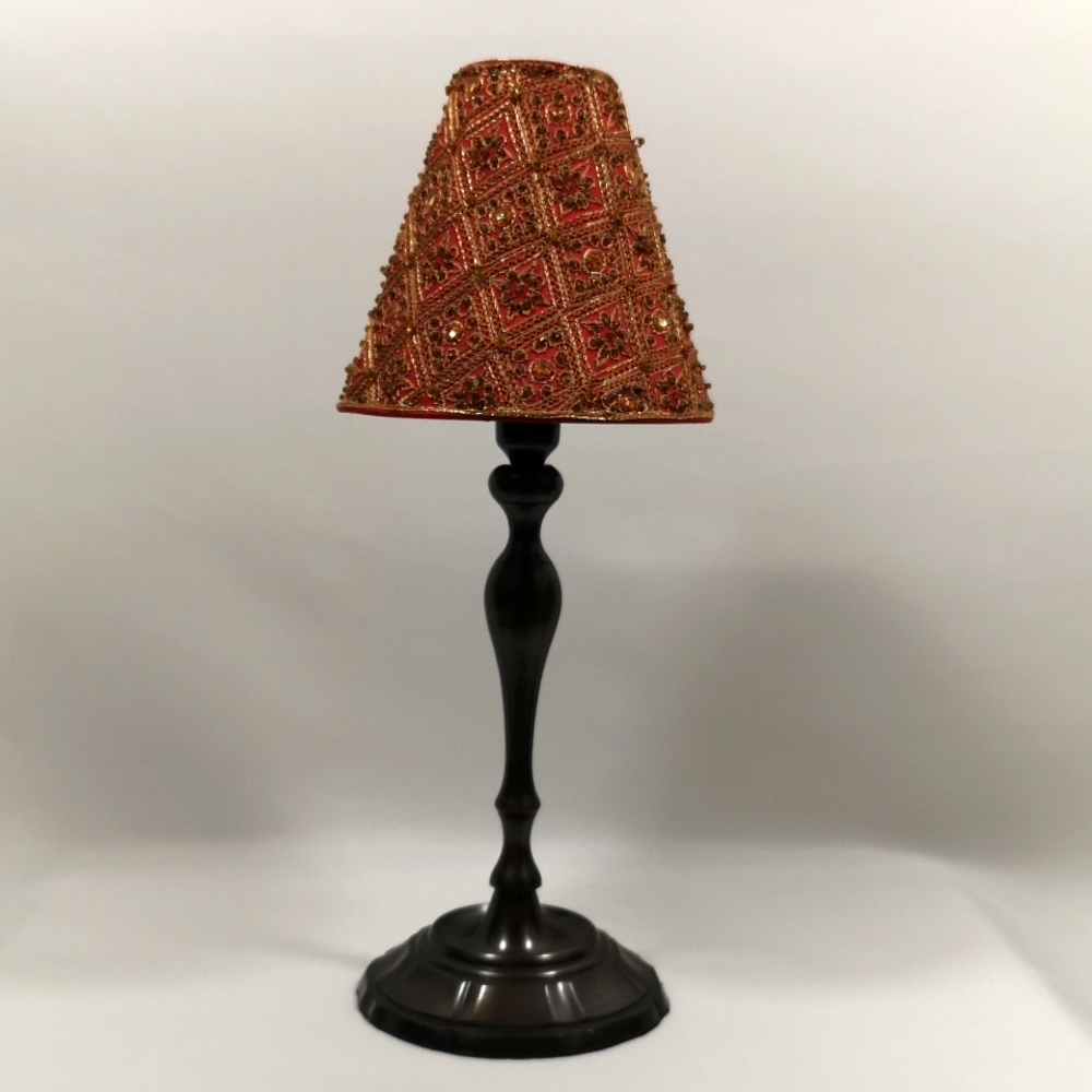 Pier 1 Beaded Red Lamp-like Votive Candle Holder with Metal Base, 12.5" Tall